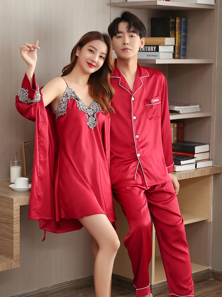 Men Pyjamas Suit Autumn Couple Pajamas Long Sleeve Pijama Male Plus Size Sleep Clothing Silk Nightie Sleepwear Lovers Wedding