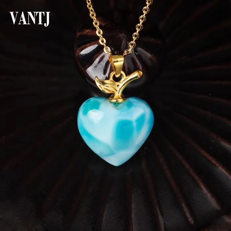 VANTJ Elegant Natural Blue Larimar 14k 585 Gold Pendant Fine Jewelry Necklace for Women Lady Party Wedding Gift whit Box