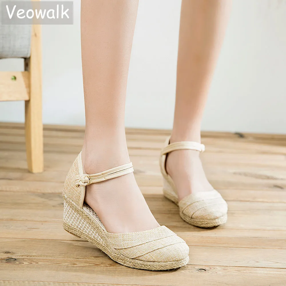 Veowalk Patchwork Handmade kobiety zwykły lniane sandały Wedge espadryle 6cm platformy czeski buty damskie damskie letnie pompy