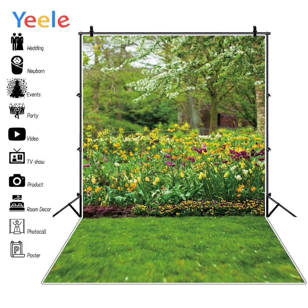 خلفية صور زنبركية مع زهور حديقة وعشب أخضر للأطفال ، خلفية صور شخصية لاستوديو الصور