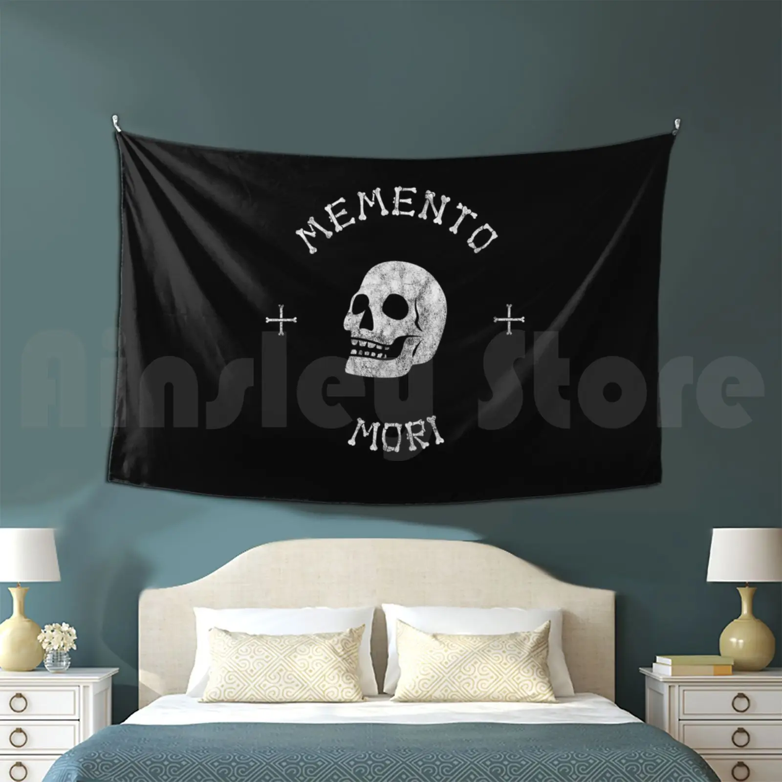 Memento Mori-Distressed White Edition Customized Tapestry Memento Mori Boo Bone Crossbones Death Dead