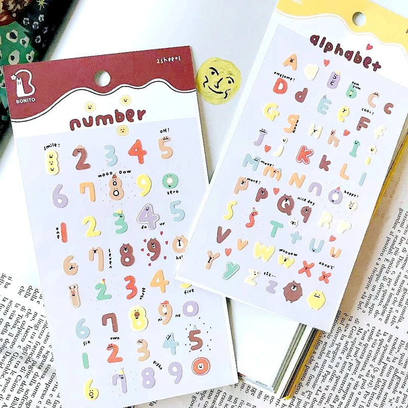 Cute Korean Alphabet Number Stickers Aesthetic Stationery Junk Journal Diary Sticker For Kids Scrapbooking Material DIY Craft