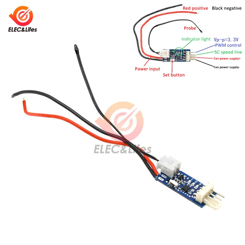 DC 5V/12V Micro PWM PC Fan Temperature Control Denoised Speed Governor 4-Wire Motor Speed controller 10CM black tip probe 120°C