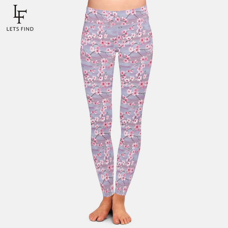 LETSFIND 2021 Spring Leggings 3D Beautiful Cherry Blossom Flowers Print High Waist  Soft Slim Fitness Leggings