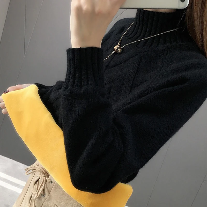 Winter Thicken Plus Velvet Sweaters For Women Casual Warm Knit Pullovers Korean Fleece Lined Knitwear Ribbed Bottomed Tops New