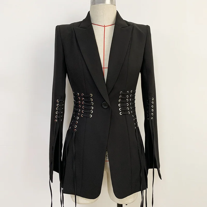 New Style Fashion Design Womens Blazer Personality Slim Jacket Metal Hole Tie Rope Split One Button Coat Ourwear For Women Black