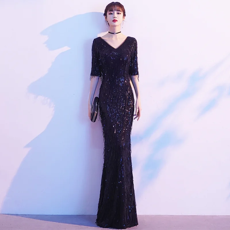 

Sexy Half Sleeve Sequins Tassel Mermaid Evening Dress Back Zipper Women Formal Gowns Robe De Soiree Cheongsam Size 3XL