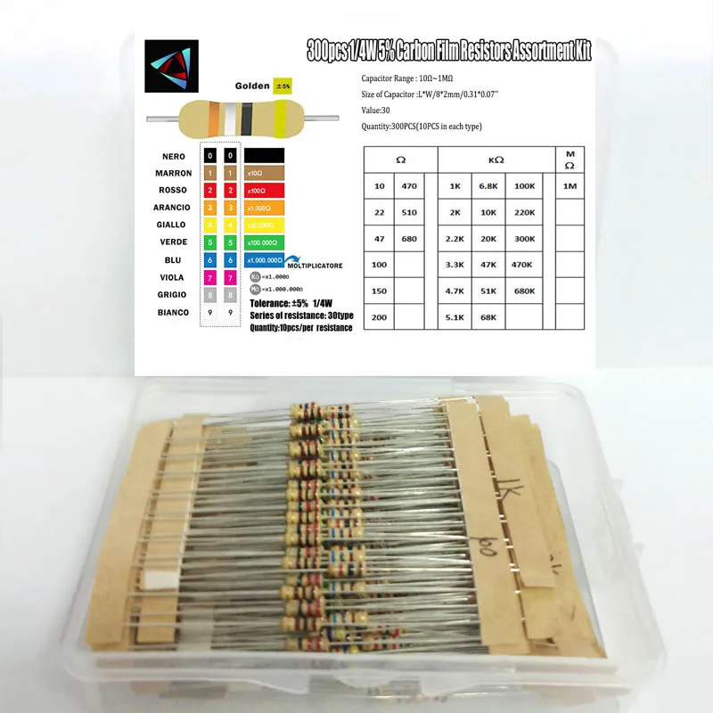 300Pcs 1/4W 5% 10 Ohm ~1M Resistors Assorted Kit Set 30 Kinds Each Value Carbon Film Pack BOX