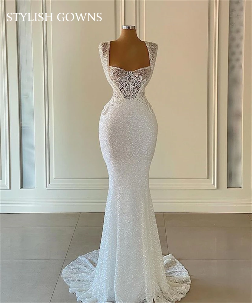 

Luxury New White Square Neck Wedding Dress Beaded Pearls Bridal Women Marriage Mermaid Formal Gowns Vestido Invitada Boda