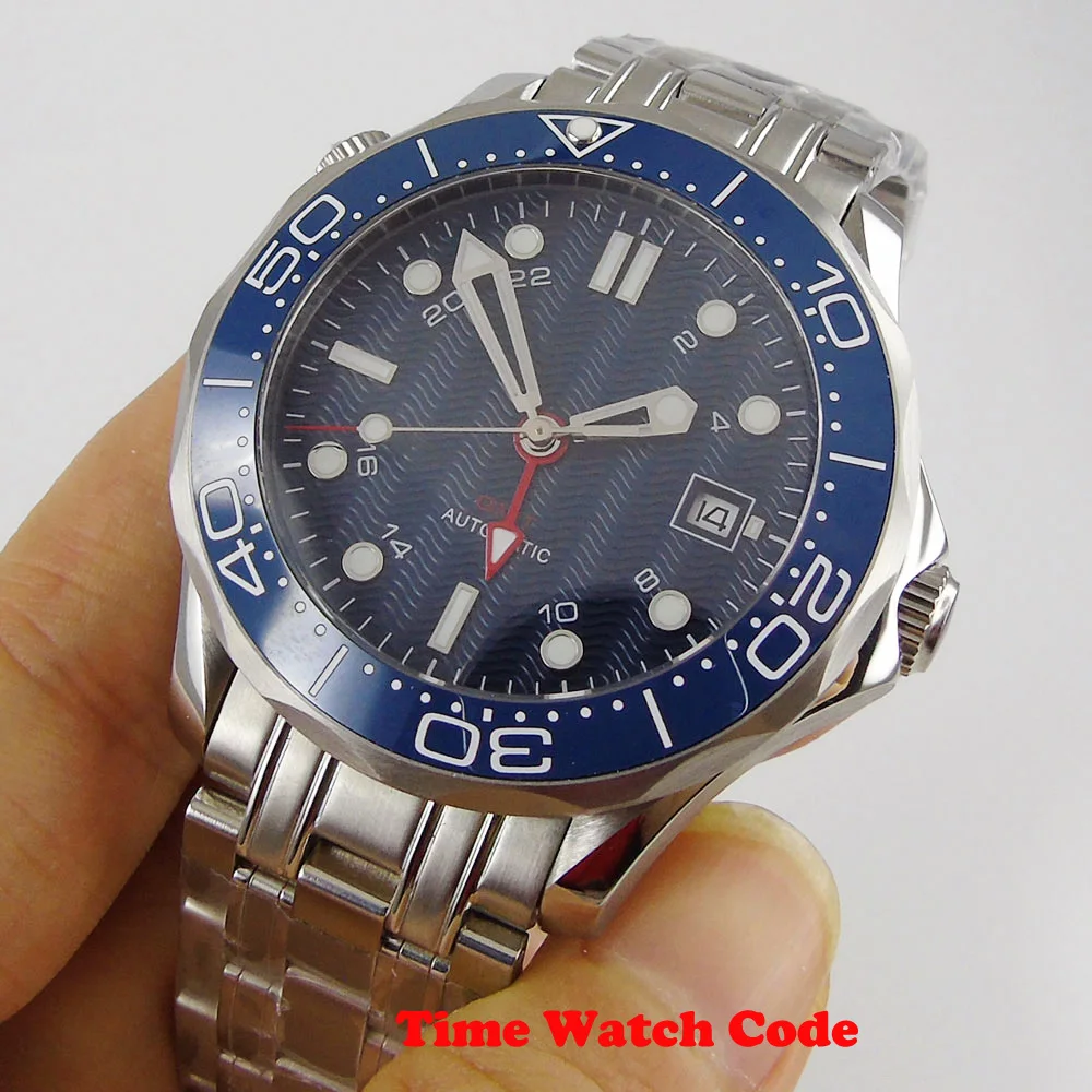 

41mm Automatic Men's Wristwatch Sapphire Glass Date Display GMT Blue sterile dial ceramic bezel Insert luminous Steel Bracelet