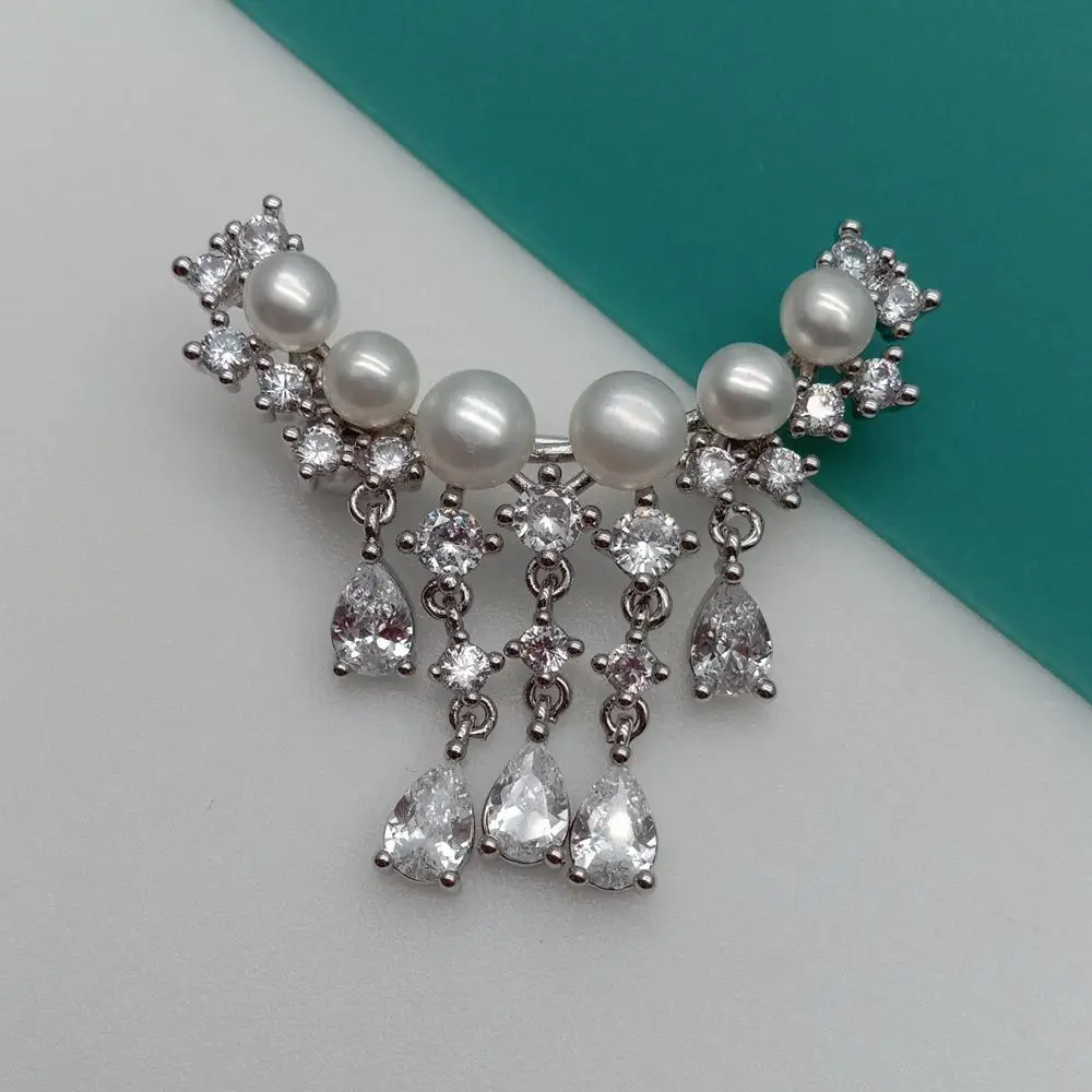 Y·YING natural Freshwater Cultured White Pearl Cubic Zirconia Pave Brooch