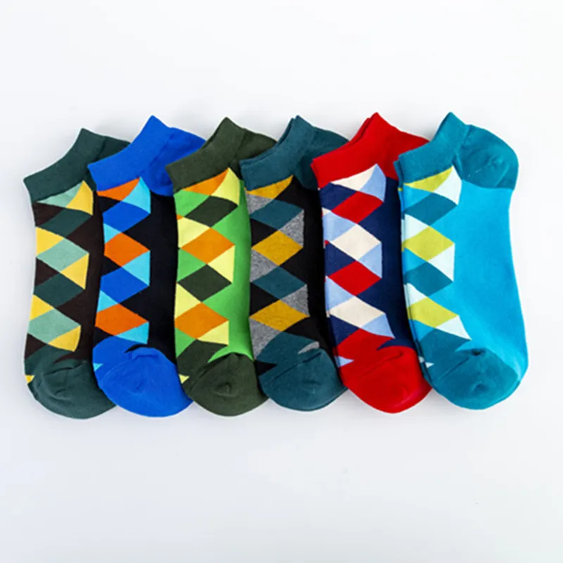 

6 pairs of new socks fashion colorful boat socks 6 colors diamond plaid happy leisure boat socks wholesale