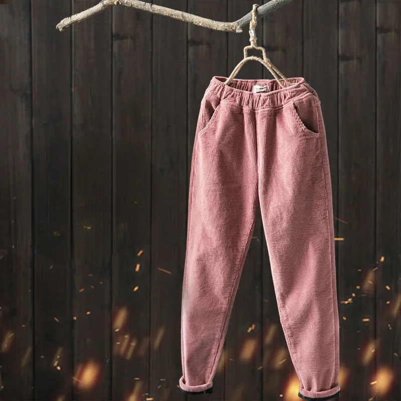 Women Pants Korean Pink Harem Pants Elastic Waist Autumn Winter Corduroy Pants Casual Black Trousers Pants