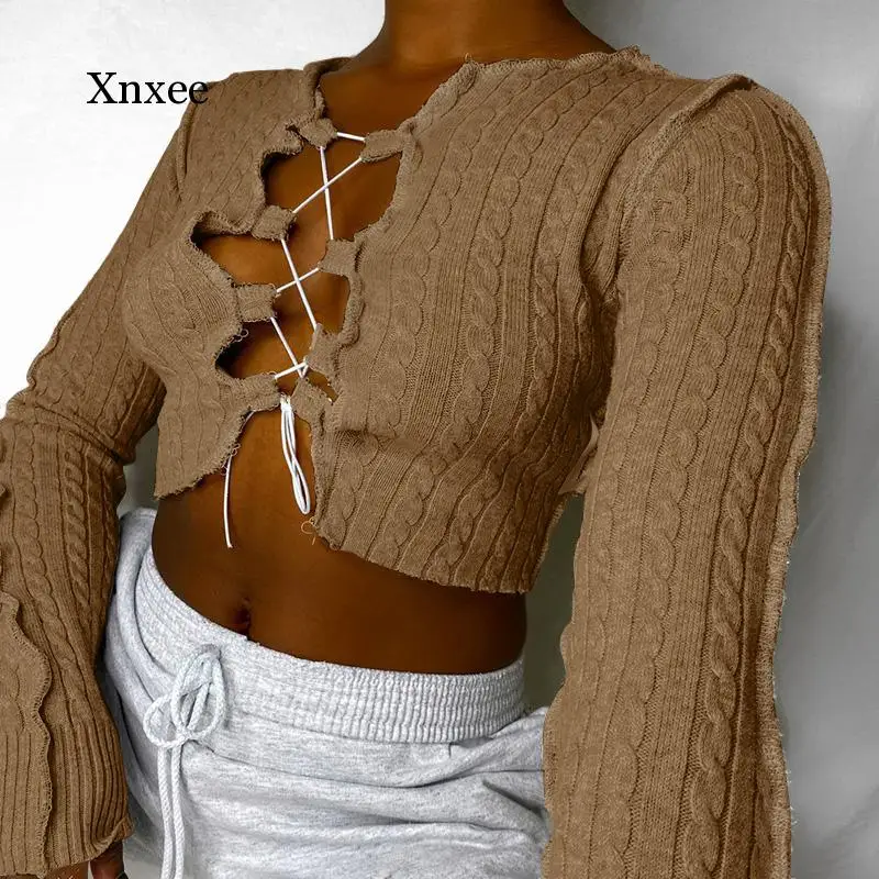 Long Sleeve Cut Out Bandage Sexy Crop Top Spring Autumn Women Fashion Streetwear Outfitr Tshirts Club Tees Clothing Tops