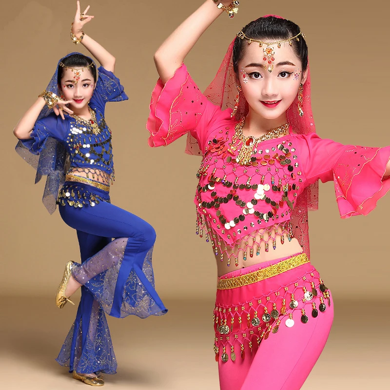 The New Fashion Garment Sleeve Flareed Trousers In Belly Dance Suit Children Performance Girls Oriental Indian Dancing Clothes