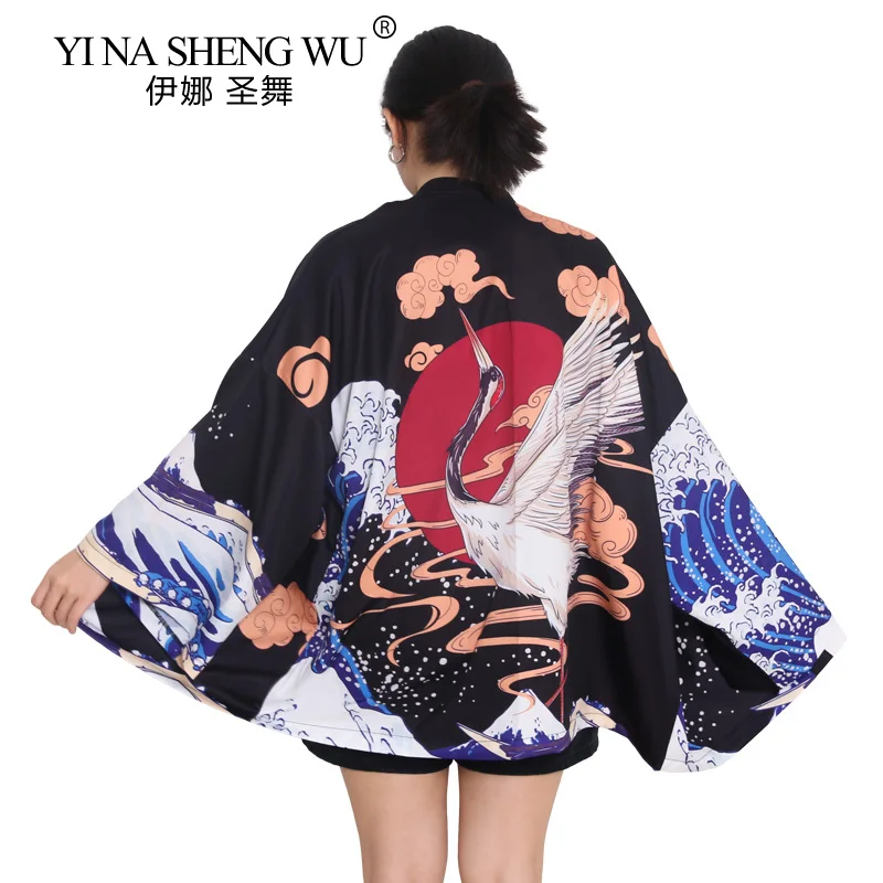 

Women Japanese Kimono Traditional Clothing Crane Printed Kimono Shirts Samurai Haori Yukata Streetwear New Jacket Cardigan Shirt