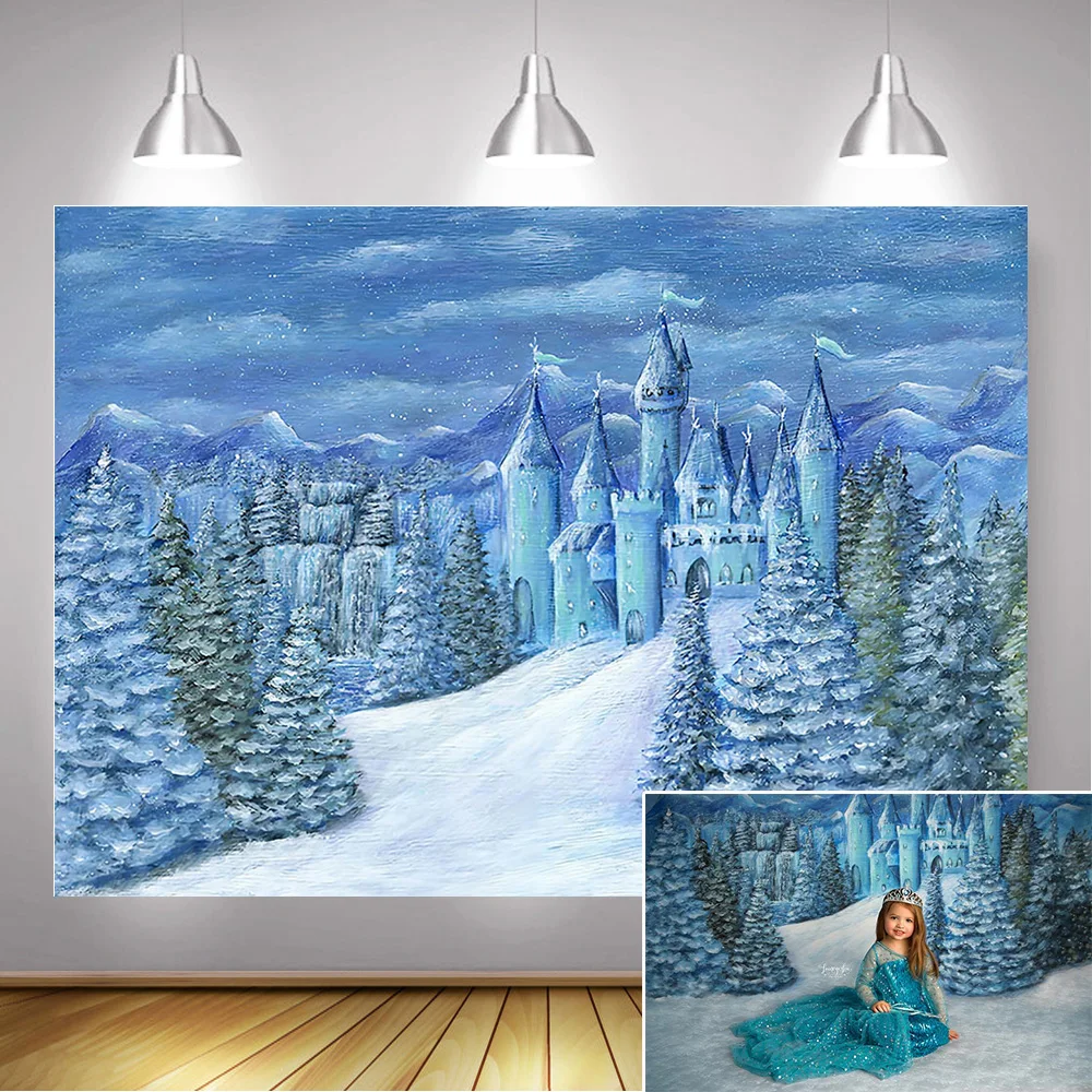 Blue Castle Sweet Girl Birthday Art Portrait Backdrop Winter Snow Forest Mountains Background Oil Painting Texture Photography