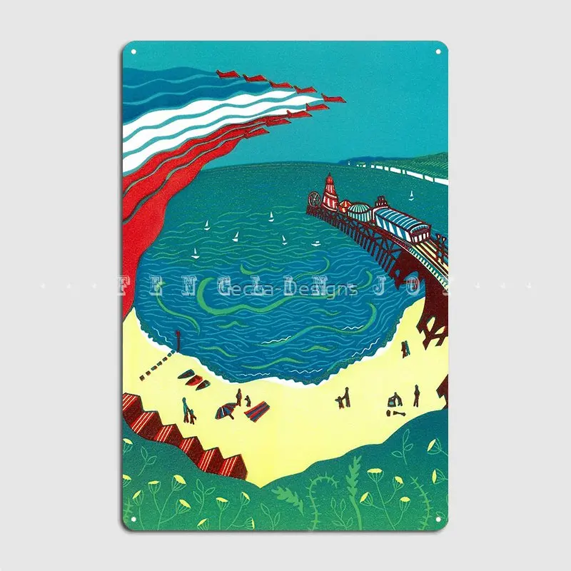 Red Arrows Bournemouth Beach Original Linocut By Francesca Whetnall Metal Plaque Poster Club Bar Funny Plates Tin Sign Poster