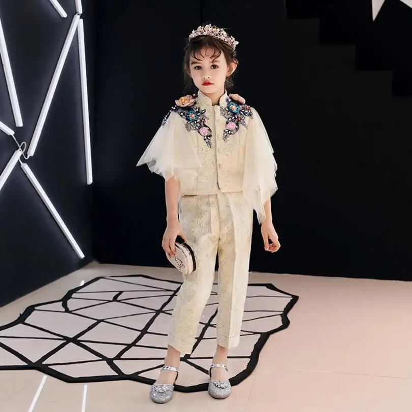 Luxury Girls Blazers Suit Lace Embroidery beading Kids Pageant Gown Birthday Costume Appliques Fashion Evening Dress Sets L47