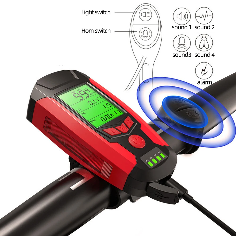 3 w 1 USB latarka rowerowa 5 LED komputer rowerowy/róg rower przednie światła IPX4 wodoodporny reflektor przebieg akcesoria rowerowe