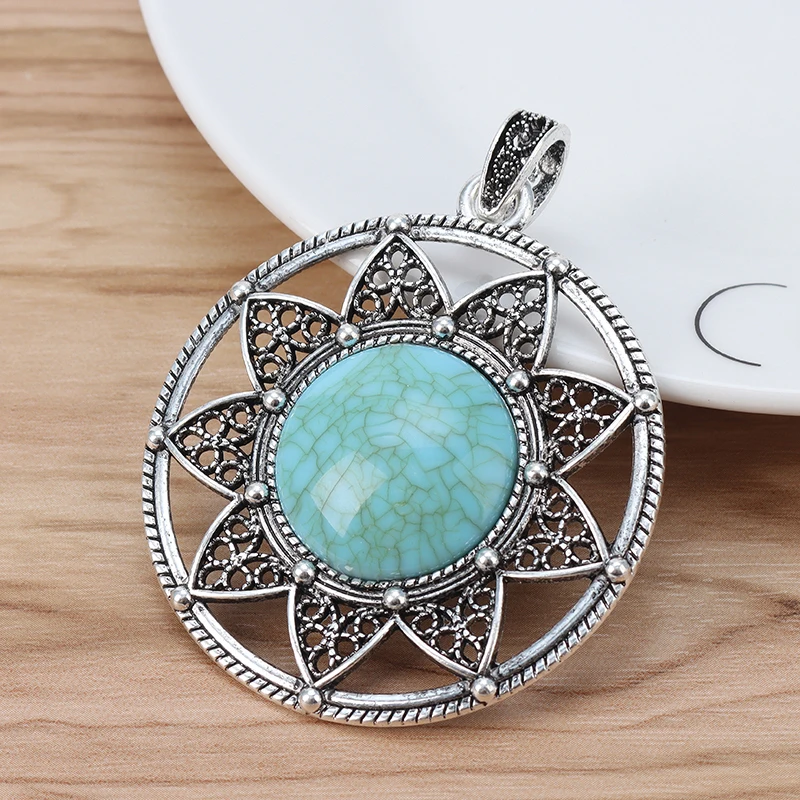 

2 Pieces Tibetan Silver Large Flower & Faux Stone Round Charms Pendants for DIY Necklace Jewellery Making Accessories 55x55mm