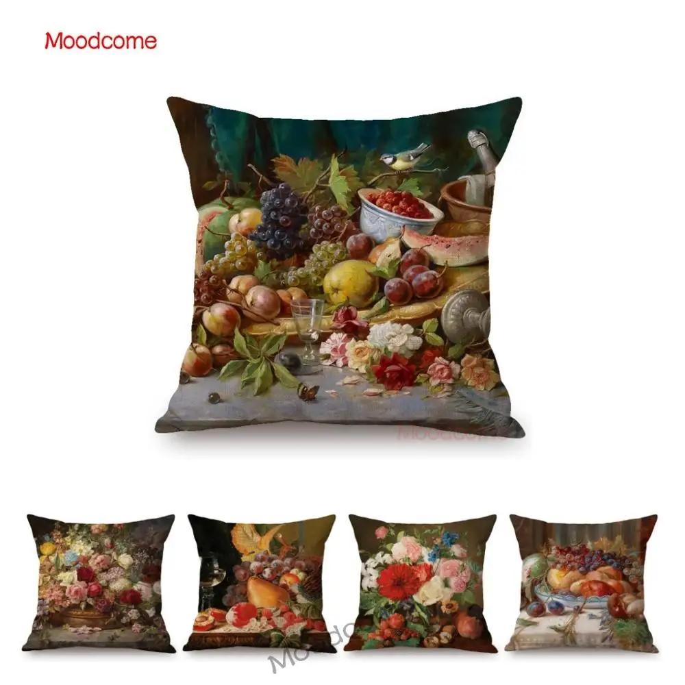 

Classic Still Life Oil Painting Rose Tulip Grape Fruits Bird Flowers Vase Art Car Pillow Cover Cotton Linen Sofa Cushion Cover