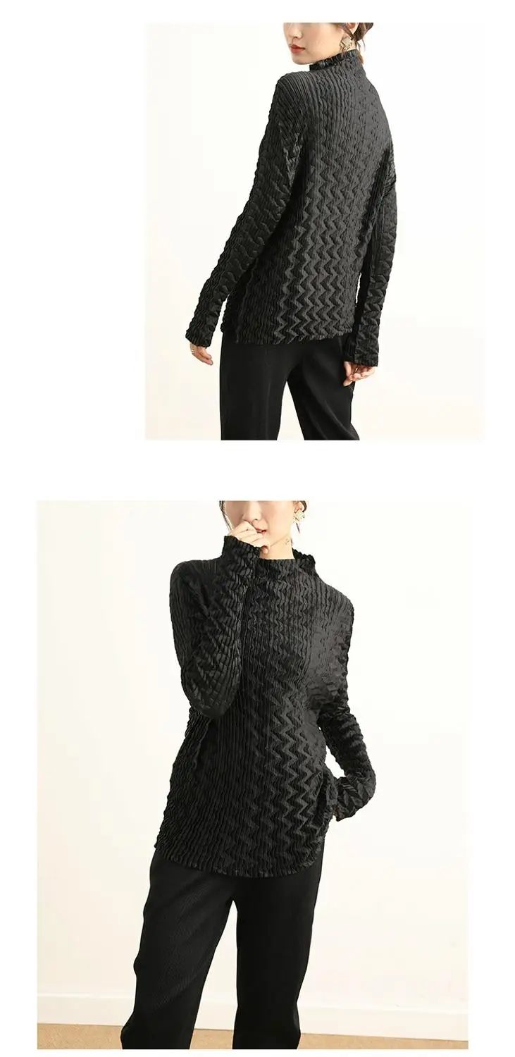 HOT SELLING Miyake fashion fold long sleeve new sexy solid turtleneck T-shirt IN STOCK