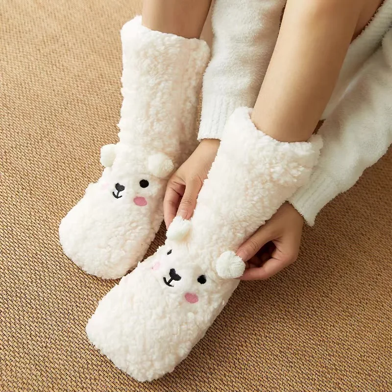 Kawaii Warm Floor Socks Winter Woman Funny Cute Bear Candy Color Home Confinement Carpet Cotton Socks For Girls Knitted Suit