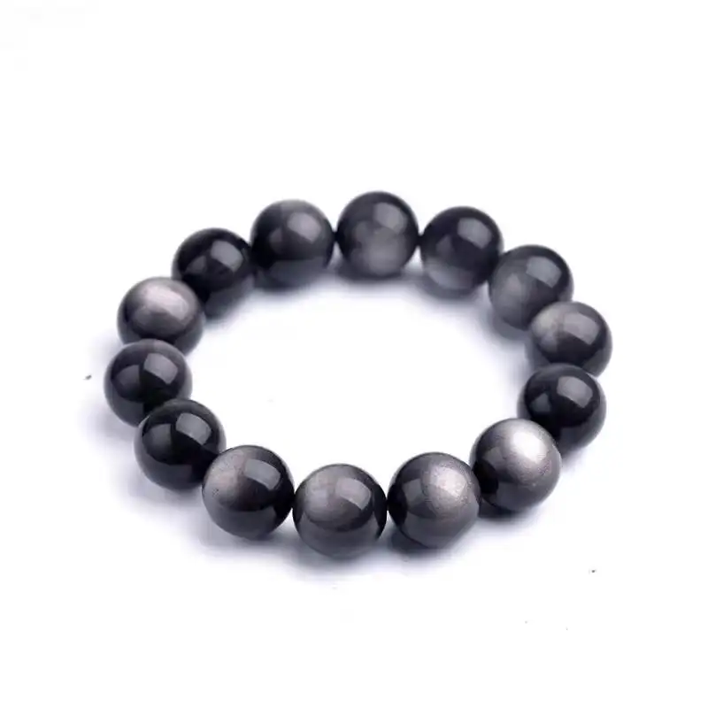 

Natural Stone Bracelets & Bangles Elastic Cord Silver Color Obsidian Stone Beaded Bracelets For Women Men Lovers Gift Wholesale