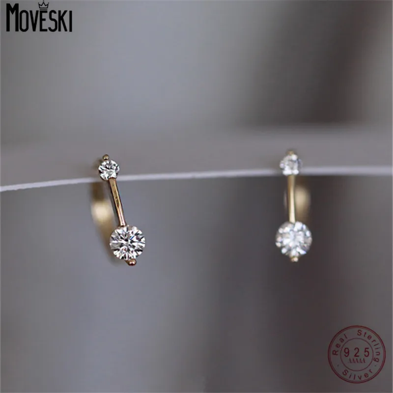 MOVESKI   Simple Plated 14k Gold Ear Buckles 925 Sterling Silver Clear CZ Round Earrings for Women Fine Jewelry Party Gift