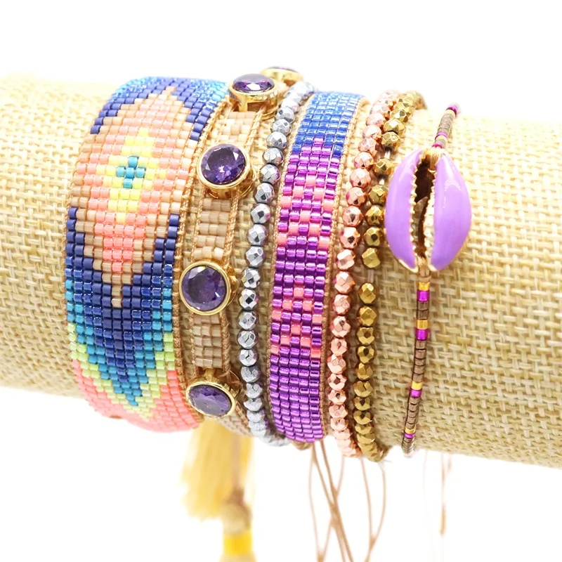 ZHONGVI Miyuki Bracelet Evil Eye Pulseras Mujer 2021 Purple Boho Shell Bracelets Mexican Women Rhinestone Jewelry Gift Wholesale