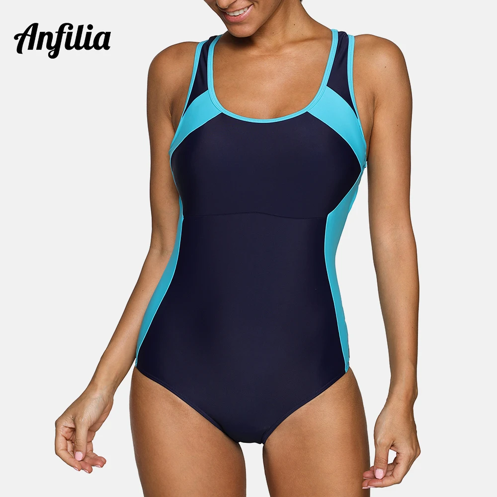 Anfilia costumi da bagno sportivi da donna One Piece costumi da bagno sportivi Colorblock costumi da bagno Open Back Boyshort Patchwork Training