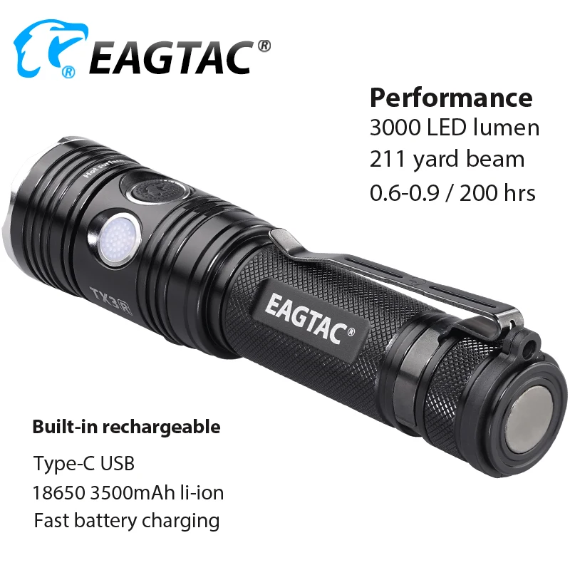 EAGTAC TX3L PRO LED Flashlight Powerful Super-Bright-Torch 3000 Lumens USB Rechargeable SFT40 CW Hunting Camping 18650 Battery