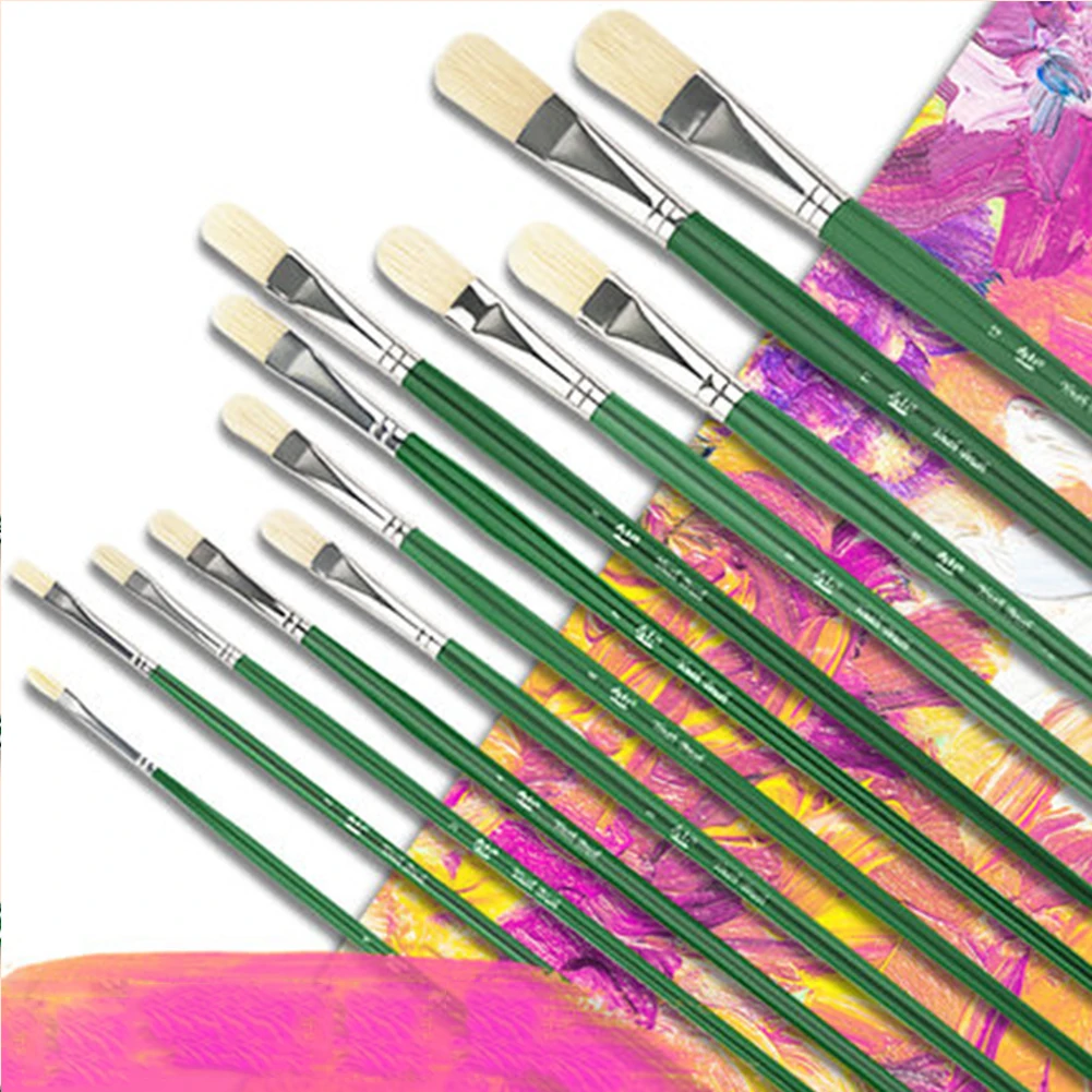 Single-support Flat-headed Pig Bristle Hair Paint Brush Water Gouache Oil Painting Pen Long Rod Art Students Color Art Supplies