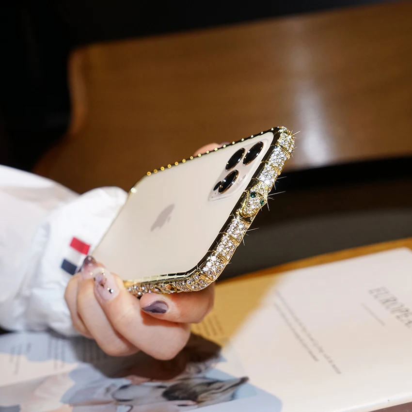 بلينغ الماس الأفعى الوفير الحال بالنسبة آيفون 16 15 14 13 11 12 برو ماكس X XR XS 7 8 البسيطة بريق حجر الراين إطار معدني غطاء الهاتف