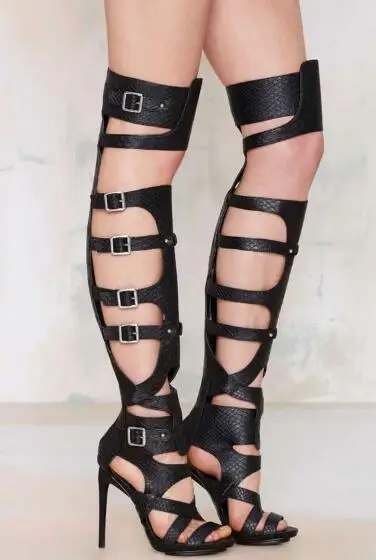 Drop Shipping Hot Woman Summer Black Brown Gladiator Cuts Out Over The Knee Boots Buckles Stiletto Heels Thigh High Long Boots