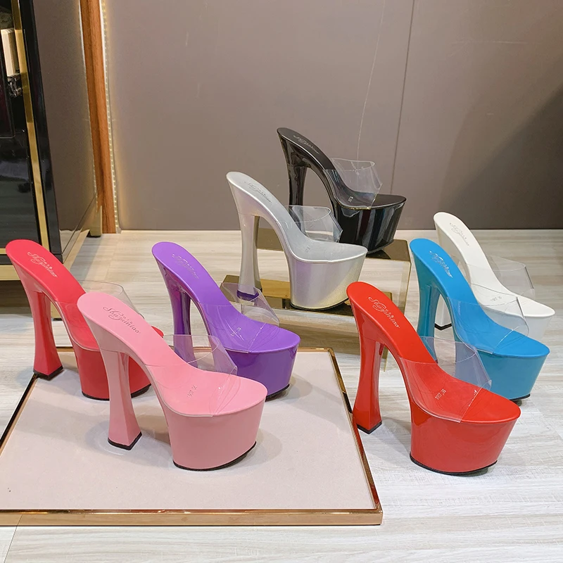 Female Transparent Slippers Thick Bottom Summer Fine Heel 17CM Slippers Female Waterproof Platform 7.5CM Non-slip Sexy High Heel