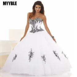 Customized Cheap Ball Gown Wedding Dresses Black And White Embroidery Tulle Corset Women Princess Bridal Gowns Sweet 16 Dresses
