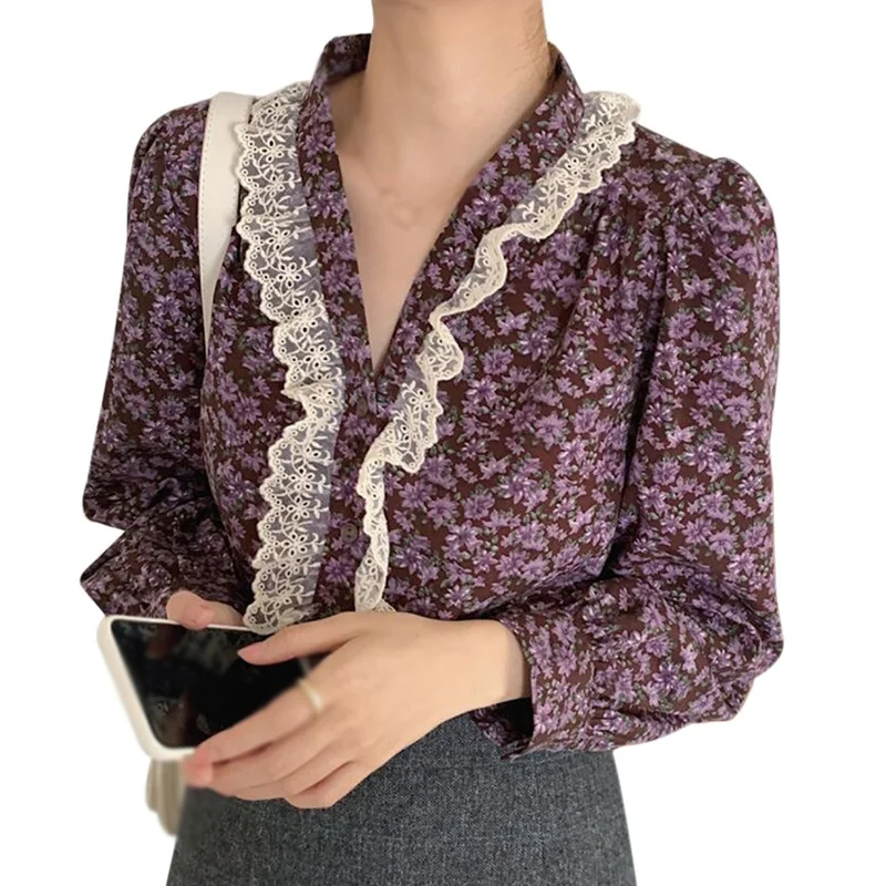 Women's Fashion Floral V Neck Shirts Lace Splicing Casual Sweet Long Sleeve Spring Blouses