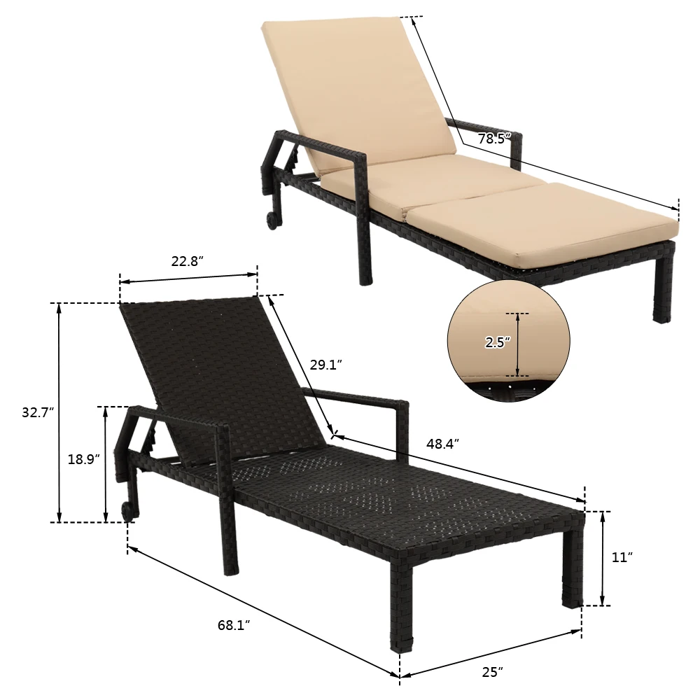 Wheeled Bed Outdoor Chaise Foldable PE Rattan Iron Polyester Cloth Vertical Cotton with Matching Mat