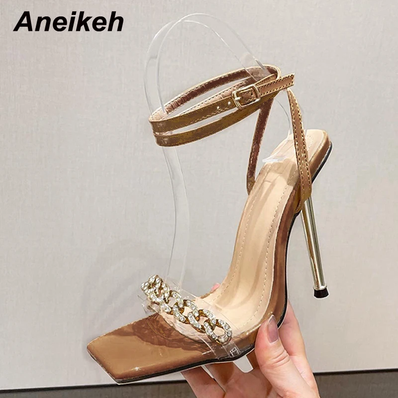 Aneikeh 2024 New Crystal Metal Chain Decoration Fine Heel Sandals Women\'s Transparent PVC Summer Sweet Buckle Strap Heels 35-41