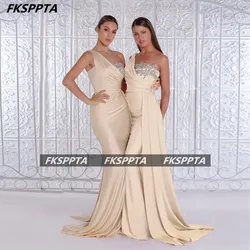 Long Champagne Mermaid One Shoulder Bridesmaid Dresses Silver Appliques Backless Shiny Satin Plus Size Maid Honor Party Dress