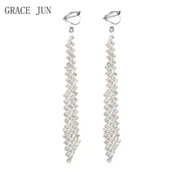 GRACE JUN Full Rhinestone Long Dangle Drop Clip on Earrings Women's Party Wedding Elegant Boho Earrings Fashion Jewelry Ear Clip