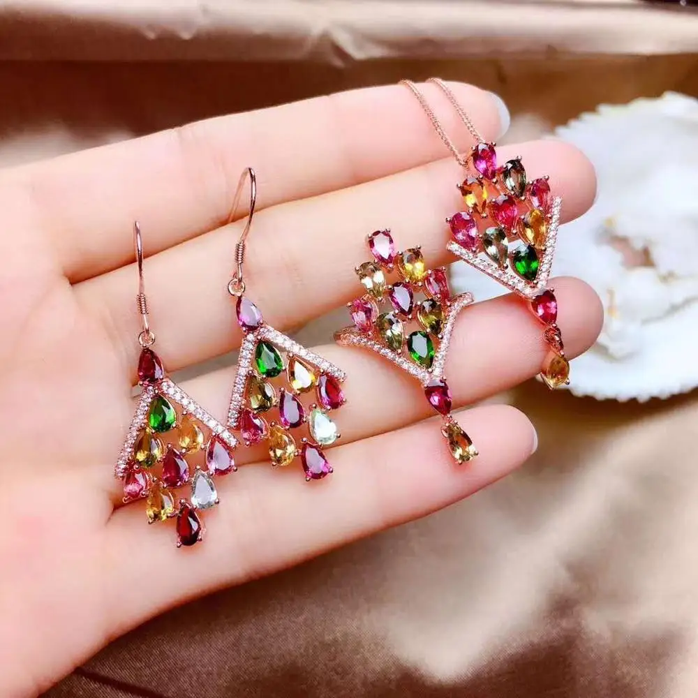 

Real Natural Tourmaline jewelry set Natural Real Tourmaline 925 sterling silver 1pc pendant,1pc ring,2pcs Earring