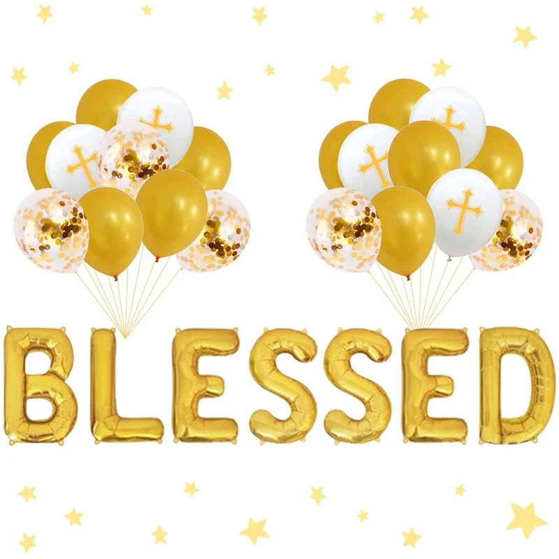 

Blessed Balloon Banner Gold Baptism Decorations for Boys Girls First Communion Baby Shower Christening Party Supplies