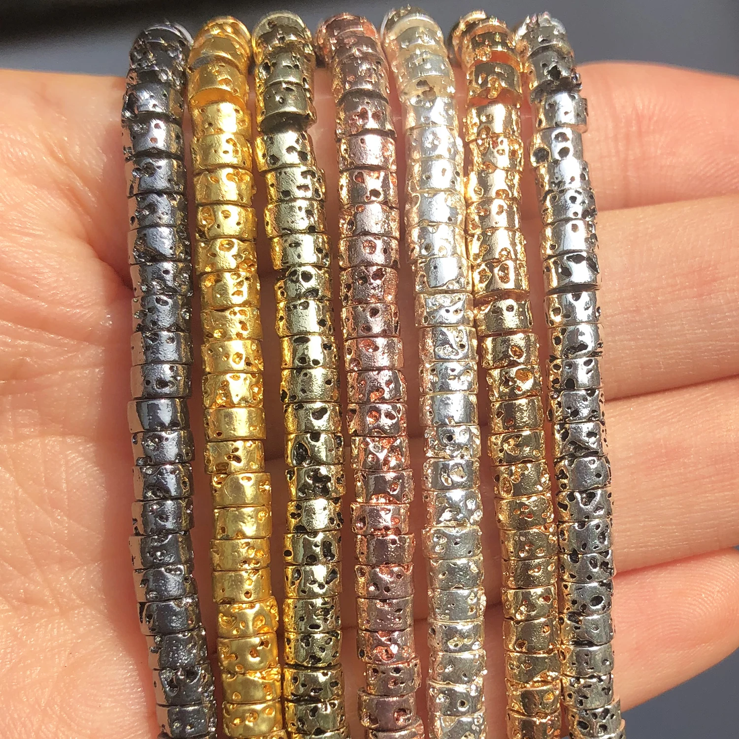 اسطوانة العمود صخرة بركانية إسوارة خرز من حجارة الحمم الذهب والفضة اللون شقة مستديرة فضفاض الخرز لصنع المجوهرات سوار لتقوم بها بنفسك 4x2mm #1