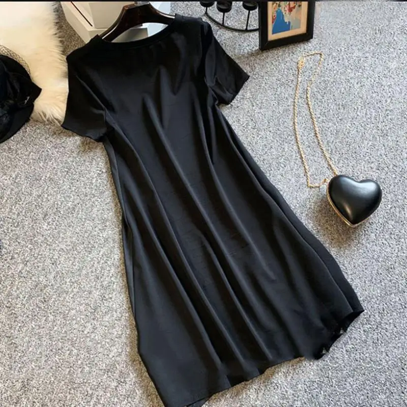 5XL Summer Casual Long Dress For Women 2023 Elegant Short Sleeves Loose Vintage Fashion Spliced Floral Pattern Basic Black Dress