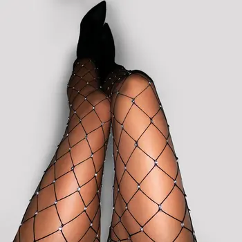 섹시한 여성 라인 석 Fishnet 스타킹 크리스탈 스타킹 블랙 화이트 큰 대형 메쉬 다이아몬드 반짝이 팬티 스타킹 섹시한 스타킹 양말