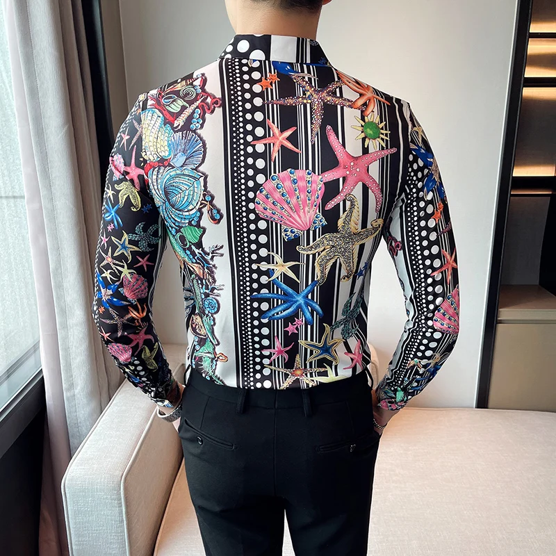 M-4XL Asian Size Camisas De Hombre Streetwear Long Sleeved Printed Shirts Men Night Club Slim Fit Banquet Mens Vintage Clothes