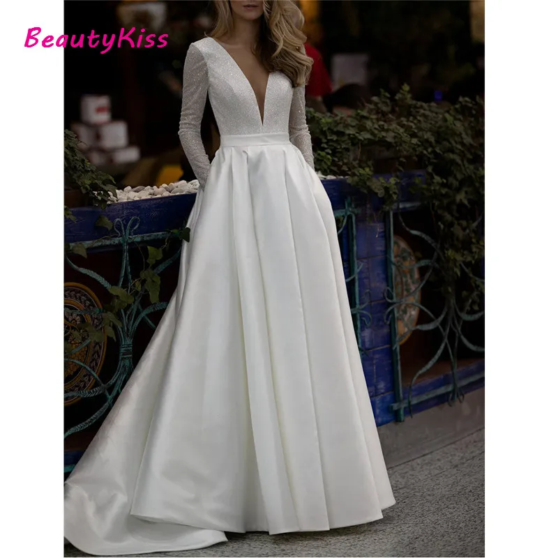 Abiti da sposa in raso scintillante per donna abiti da sposa a maniche lunghe senza schienale con scollo a v e tasca Plus Size Vestido De Noiva